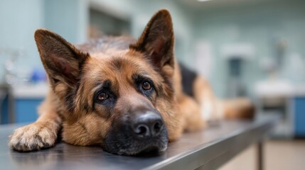 A German Shepherd resting on a table with a sad expression at a veterinary clinic, highlighting the emotional connection between pets and their owners during tough times.
