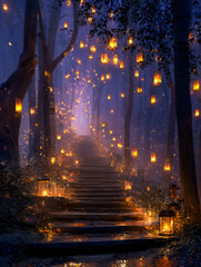 Obraz premium Enchanting night path illuminated by floating lanterns in a mystical forest