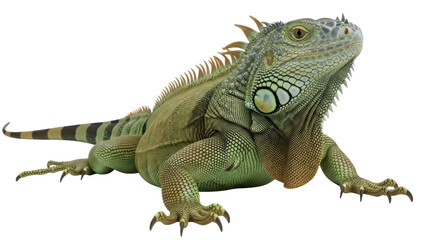 Obraz premium Isolated green iguana reptile looking to the right in studio lighting, scaly skin and sharp claws