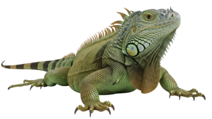 Isolated green iguana reptile looking to the right in studio lighting, scaly skin and sharp claws