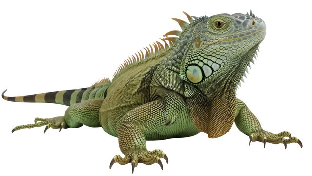 Isolated green iguana reptile looking to the right in studio lighting, scaly skin and sharp claws
