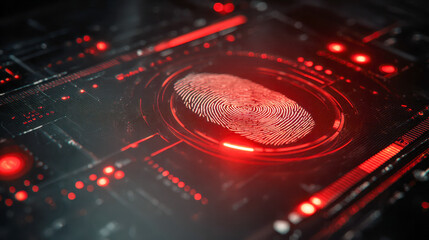 Futuristic digital fingerprint scanning technology on high-tech interface with glowing red lights for enhanced security and identity verification system