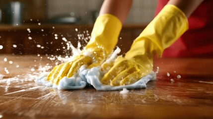 A vibrant action shot of hands in yellow gloves scrubbing a wooden surface vigorously, illustrating themes of cleanliness, diligence, and home care in a warm kitchen environment.