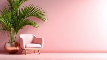 A stylishly designed pink living space featuring a plush armchair and a beautiful palm plant, showcasing a contemporary aesthetic that promotes comfort and elegance in interior design.