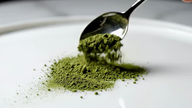 Green matcha powder being scooped from a white plate