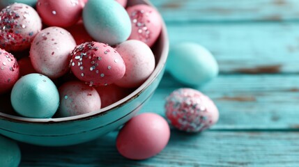 Obraz premium A delightful composition of colorful Easter eggs adorned with sparkling glitter, set in a rustic bowl, evoking feelings of joy and celebration during festive seasons.