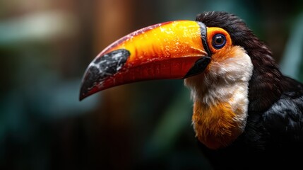 Obraz premium This close-up shot captures a vibrant toucan with a striking colorful beak, set against a lush green background, highlighting its unique features and beauty in nature.