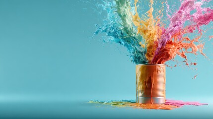 An explosive burst of vibrant paint colors splashing out of a metallic can, representing creativity, artistic freedom, and the joy of self-expression.