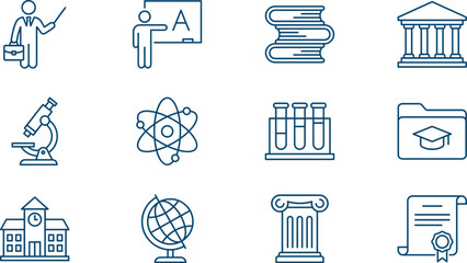 Blue line icon set for education including science microscopes atom symbols university buildings textbooks globes academic certificates and teacher presentation concepts