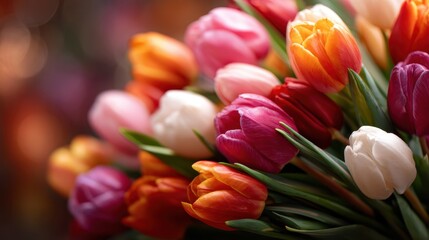 A colorful bouquet of tulips, showcasing various hues of pink, orange, and white, representing beauty, love, and the joy that flowers bring to every occasion and space.
