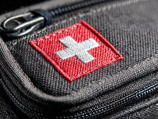 Detailed macro shot of a black textured first aid kit featuring a red square patch with a white medical cross symbol on the fabric near a zipper pull
