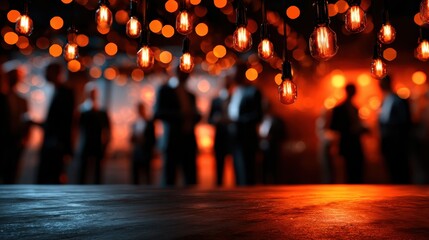 An atmospheric scene capturing the lively essence of a party, highlighted by warm glowing lights and blurred silhouettes of guests, creating an inviting social environment.