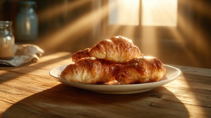 Freshly baked croissants glistening in soft morning light symbolize warmth, comfort, and the exquisite pleasure of indulging in a deliciously flaky pastry for breakfast.