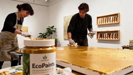 Medium shot of artists sealing ecofriendly canvas coatings in a gallery setting emphasizing sustainable painting practices for art exhibitions.