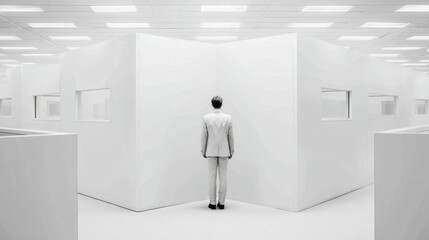 A suited man stands at a geometric intersection of walls with cosmic skies visible through surrounding cubicle windows,