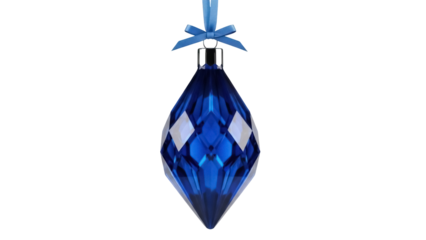 Isolated blue glass Christmas ornament hangs from shiny silver ring with ribbon loop knot