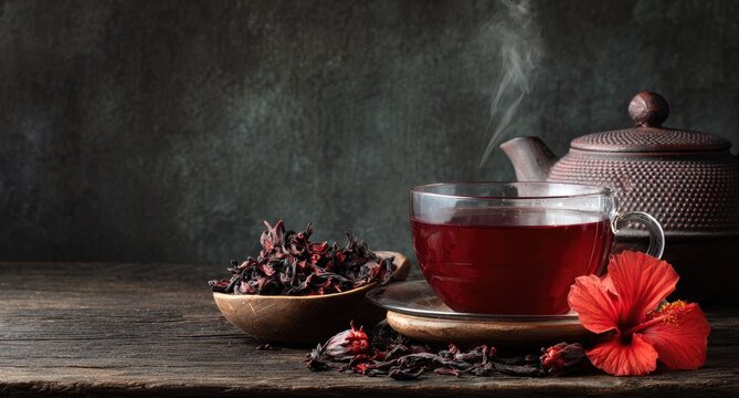 Hibiscus tea in a glass cup beside a wooden bowl of dried hibiscus flowers and a dark teapot