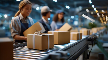 Smooth continuous movement of cardboard boxes on factory conveyor belt under fluorescent lights, workers monitoring progress faceless, defocused background, with copy space