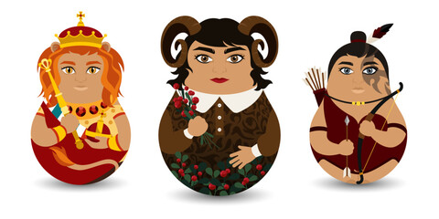 Tilting Toy. A series of horoscope characters with astrological elements of fire: Aries, Leo and Sagittarius. Collectible astrological postcards in a cartoon flat design