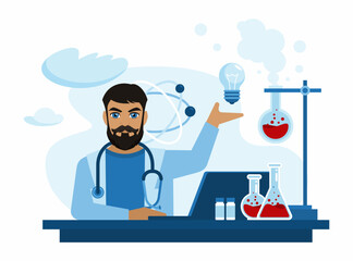 The doctor sits at the table and enters the analysis data into a laptop. A researcher conducting research on the DNA molecule. Scientific and medical concept. Vector illustration in a flat style