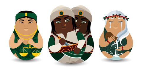 Tilting Toy. A series of female characters of the horoscope with the astrological elements of air: Gemini, Libra and Aquarius. Collectible astrological characters in a cartoon flat design