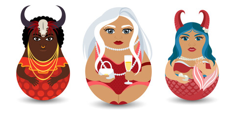 Tilting Toy. A series of female characters of the horoscope with the astrological elements of earth: Capricorn, Taurus and Virgo. Collectible astrological characters in a cartoon flat design
