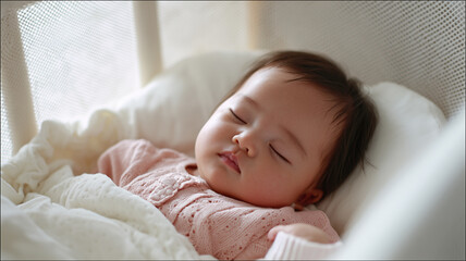 赤ちゃんが淡い桃色の衣で眠る