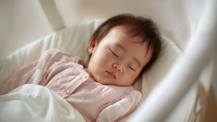 赤ちゃんが淡い桃色の衣で眠る