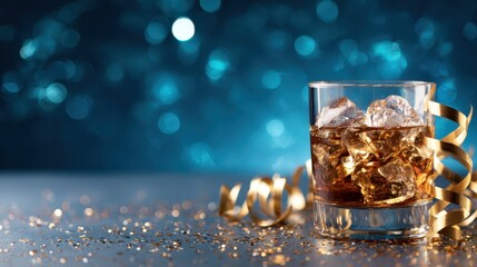 A stylish whiskey glass filled with ice sits on a table, surrounded by festive golden ribbons and shimmering bokeh, capturing the essence of celebration and relaxation.