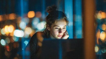 Fototapeta premium Young woman with a contemplative expression working late on her laptop surrounded by colorful city lights softly blurred in the background at night