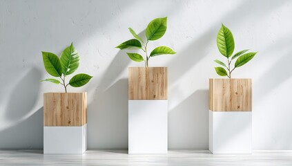 Three young plants in modern wooden and white planters against white wall