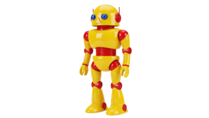Isolated yellow-and-red robot toy figure, mechanical vintage automaton model, nostalgia