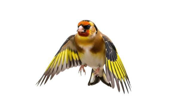 Isolated Goldfinch with outstretched wings in flight, preparing to land in natural habitat