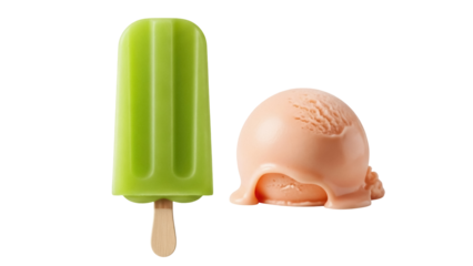 Isolated refreshing lime ice pop and scoop of peach ice cream, sweet summer treats