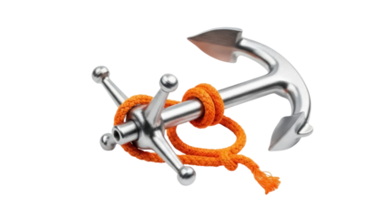 Isolated anchor nautical equipment tied with bright orange rope, sailing, maritime theme