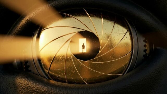 Man stands silhouetted in a distant doorway viewed through camera aperture blades and textured lens elements. Warm golden backlight creates contrast and cinematic mood. Composition suggests mystery an