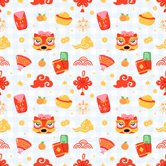 Chinese New Year Repeating Background with Gold Ingots, Lucky Knots, and Clouds for Festive Design