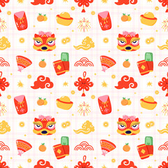 Chinese New Year Repeating Background with Gold Ingots, Lucky Knots, and Clouds for Festive Design