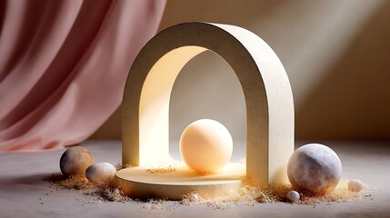 A serene and modern sculpture featuring a glowing orb under an archway, surrounded by smaller orbs and sand.