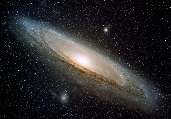 Andromeda Galaxy in Deep Space with Stars and Dust Lanes Against a Dark Background, Bright Center Core, Space Exploration Photography