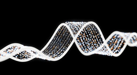 A Luminous White DNA Double Helix Filled with Sparkling Particles on a Black Background