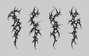 : Set Pack Neo Tribal Skeletal Web Sigilism: Asymmetrical Cyber Gothic Vector, Sharp Acid Venom Lines, Abstract Bone Spider Aesthetic for Dark Metal Streetwear and Cyberpunk Techwear Graphic Design.