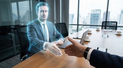 POV of Businessman Extending Hand for Handshake with 3D Holographic Business Partner in Modern Office Conference Room