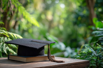 Graduation cap placed on a book with lush green foliage in soft sunlight symbolizing academic achievement and the pursuit of knowledge outdoors