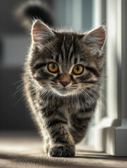 Fototapeta premium Adorable tabby kitten walking confidently indoors with focused amber eyes and soft fur highlighted by warm sunlight shining through nearby windows