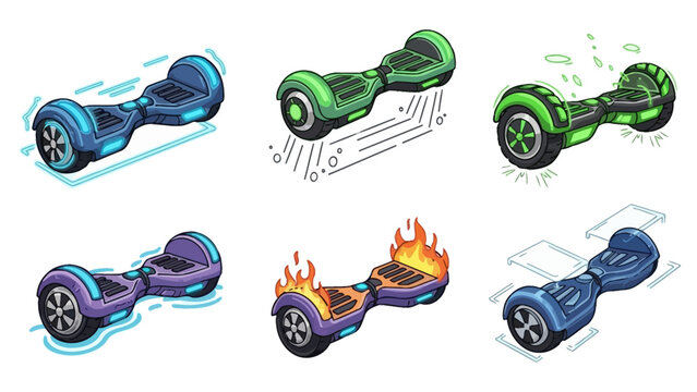 Collection of six colorful hoverboards with different effects.