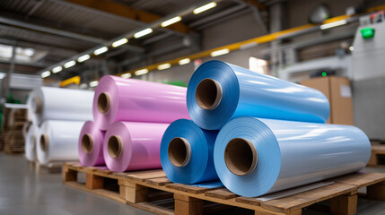 Industrial close-up of freshly printed paper rolls with smooth glossy surfaces, layers of pink white and blue paper shining under fluorescent lights, stacked on wooden pallets, wit