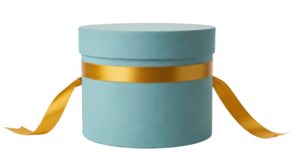 Isolated round gift box with gold ribbon, teal packaging, container, present with lid