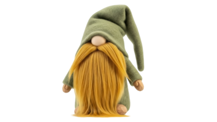 Isolated woolen gnome with long beard and green hat for Christmas or birthday gift decor