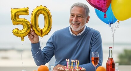celebrating 50th birthday with cake and balloons